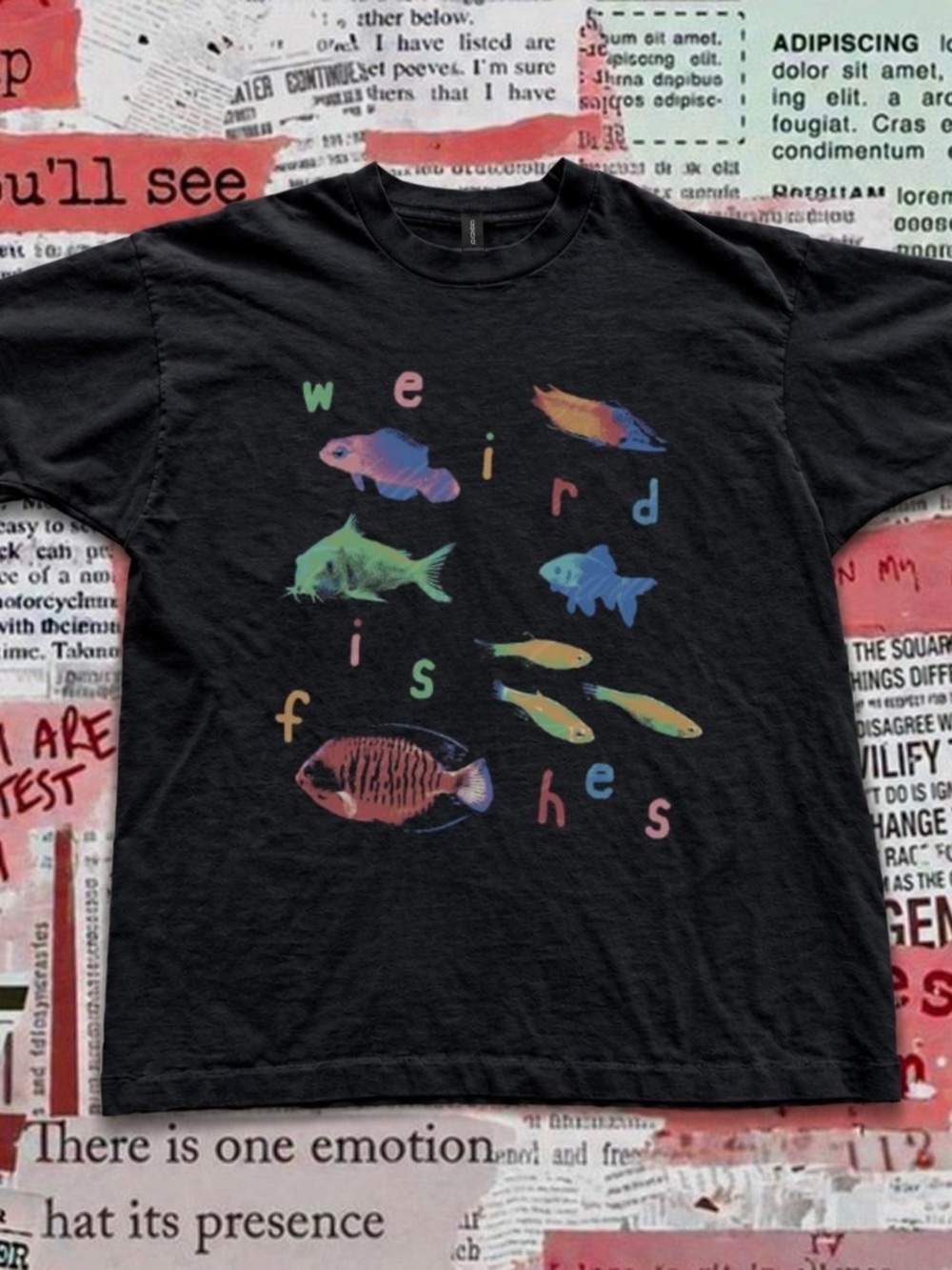 Gildan Black Tee with Multicolor Pastel Fish Graphic